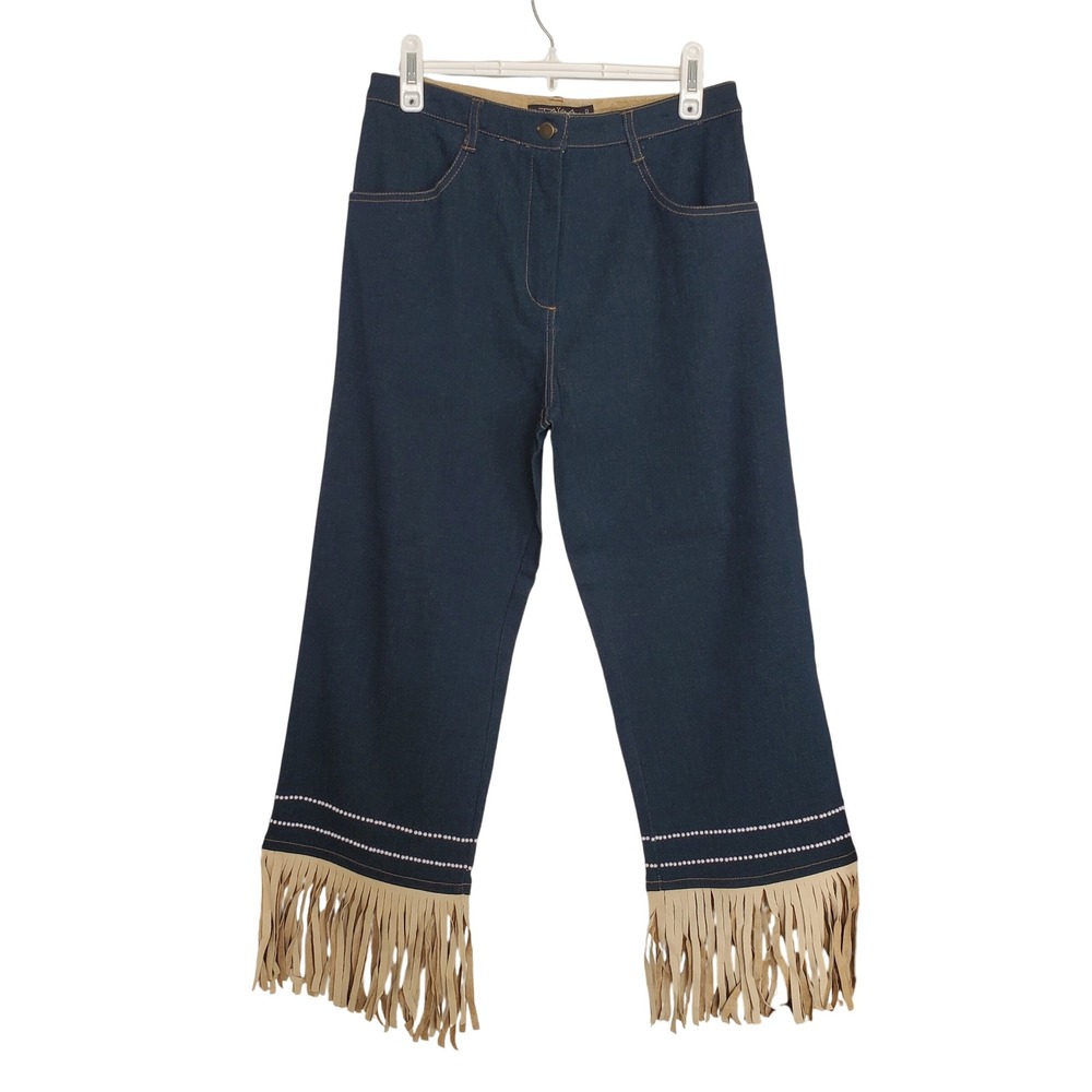 Taiga Denim Wide Leg Cropped Jeans Suede Fringed Beaded Trim Bare Back SZ 8